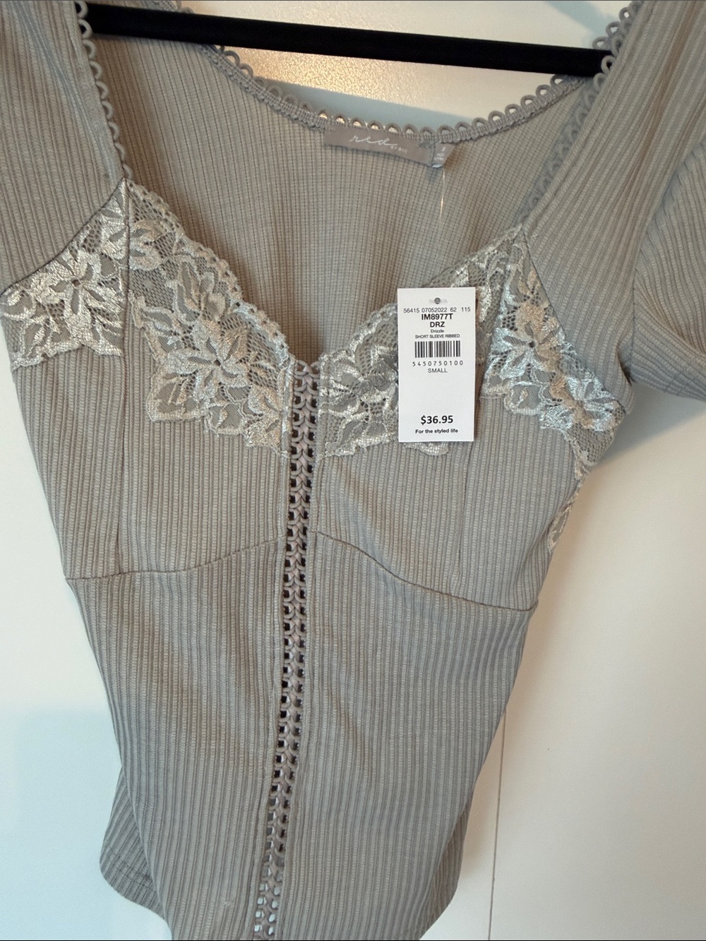 Lace-Trim Ribbed Shapewear Top - Gray